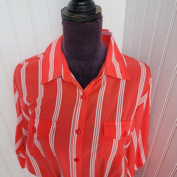 Millenium Shirt Dress Women Button Up Pockets Short Sleeve Striped Coral Pink 1X - Picture 2 of 15